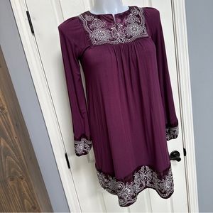 FOR JOSEPH Purple Embroidered Floral SATIN YOKE Boho Flowy Shift L/S Dress Sz M